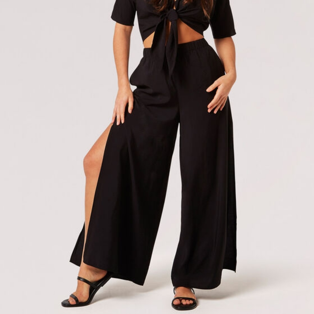 Textured Side Split Palazzo Trousers